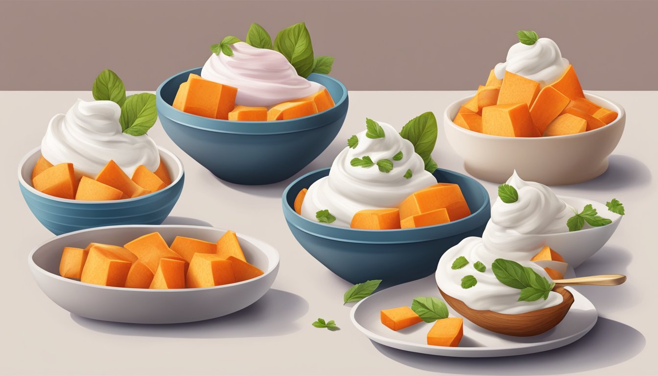 A colorful array of sweet potatoes and Greek yogurt arranged in various creative and appetizing presentations