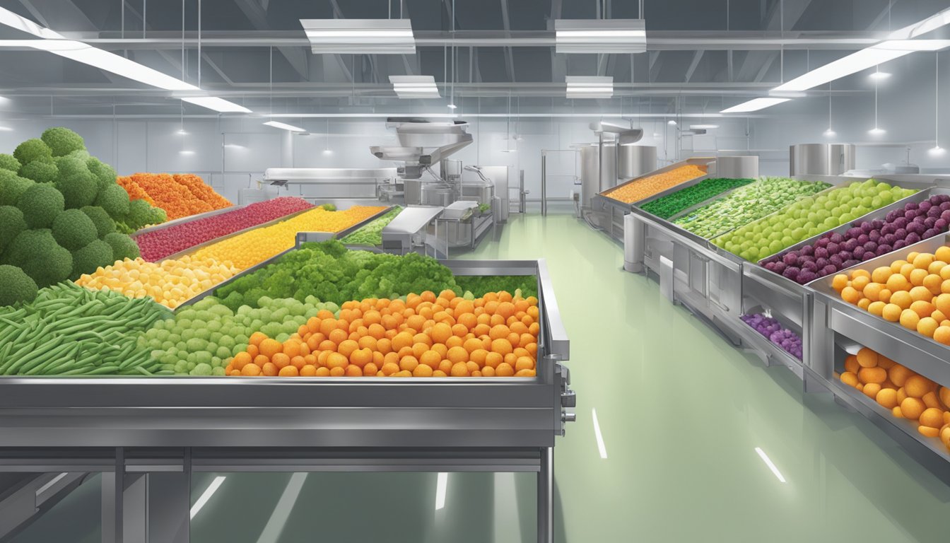 A colorful array of fresh fruits and vegetables being transformed into crispy, flavorful pulp chips in a modern, eco-friendly processing facility