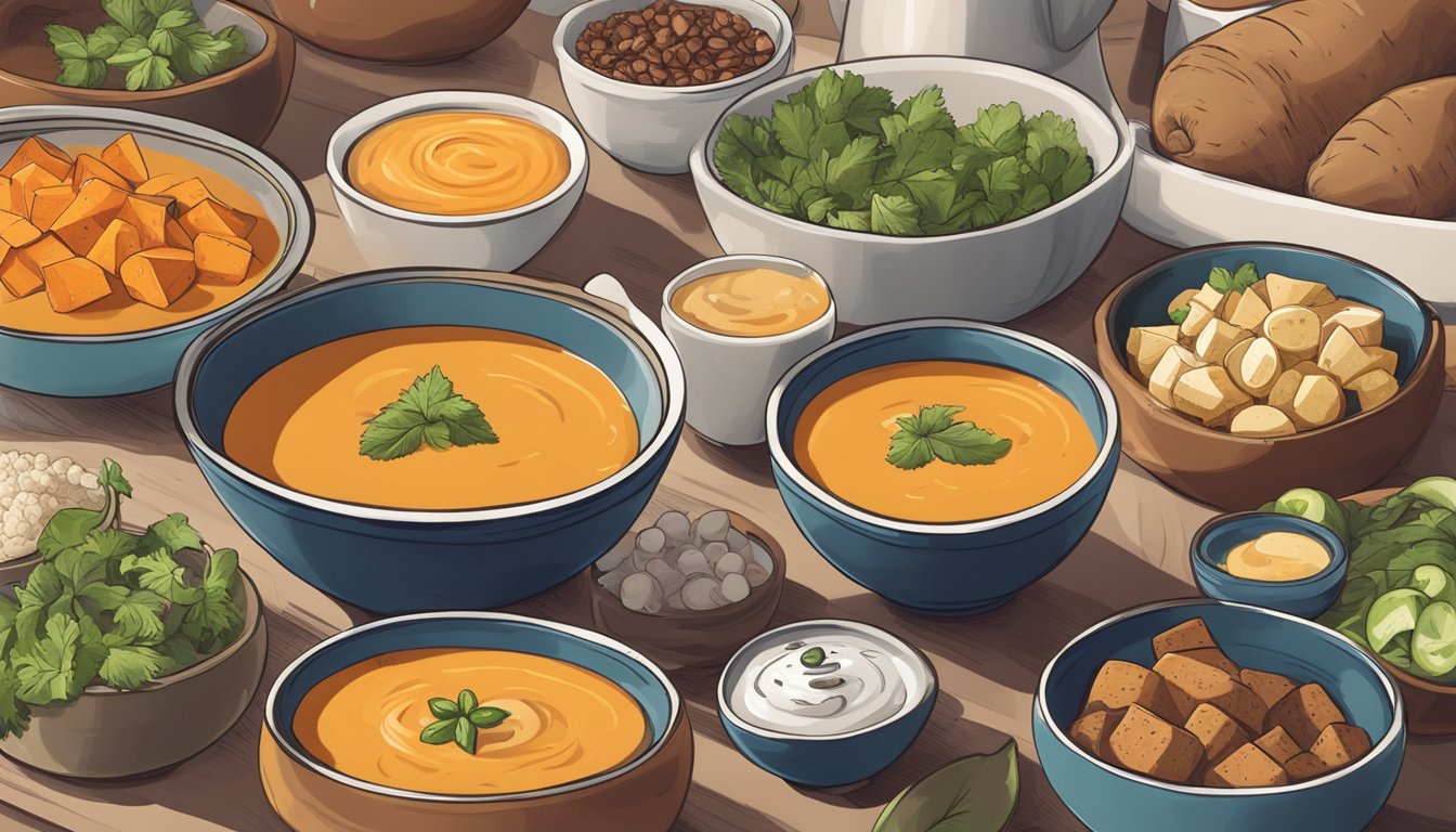 A steaming bowl of sweet potato soup with ginger surrounded by various dishes showcasing different diabetic-friendly ways to enjoy sweet potatoes