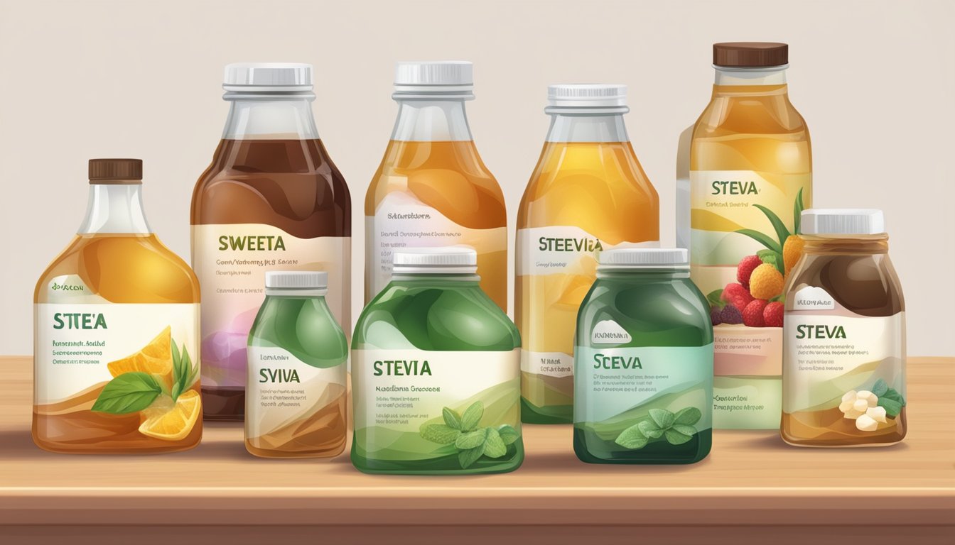 A table with various sweeteners: isomalt, sugar, stevia, and agave syrup. Each sweetener is displayed in its own labeled container