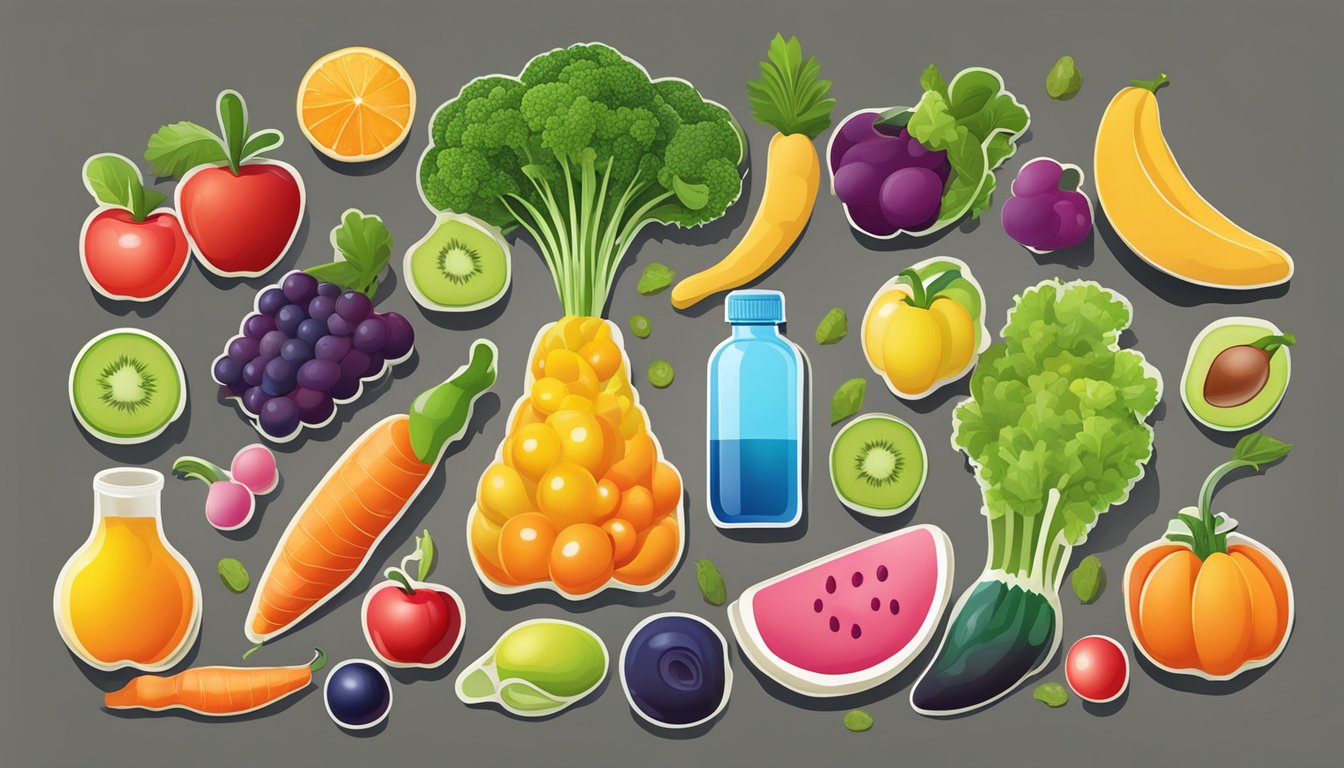 A colorful array of fruits and vegetables, a bottle of isomalt, and a healthy digestive system