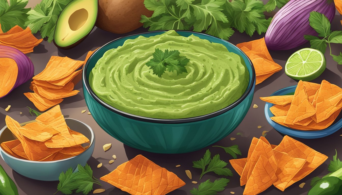 A bowl of sweet potato chips arranged around a vibrant green avocado dip, surrounded by colorful vegetables and herbs