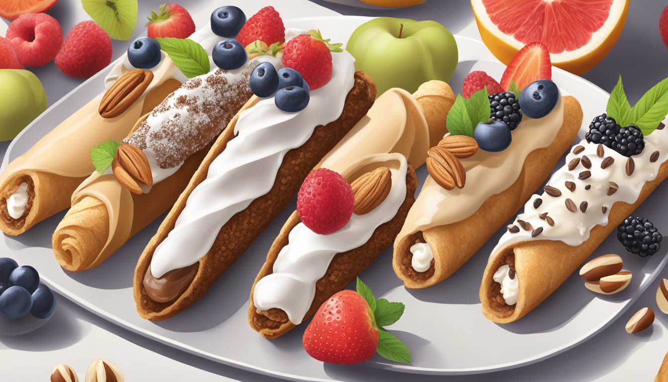 A table set with a variety of vegan cannoli, filled with dairy-free cream and topped with fresh fruit and nuts