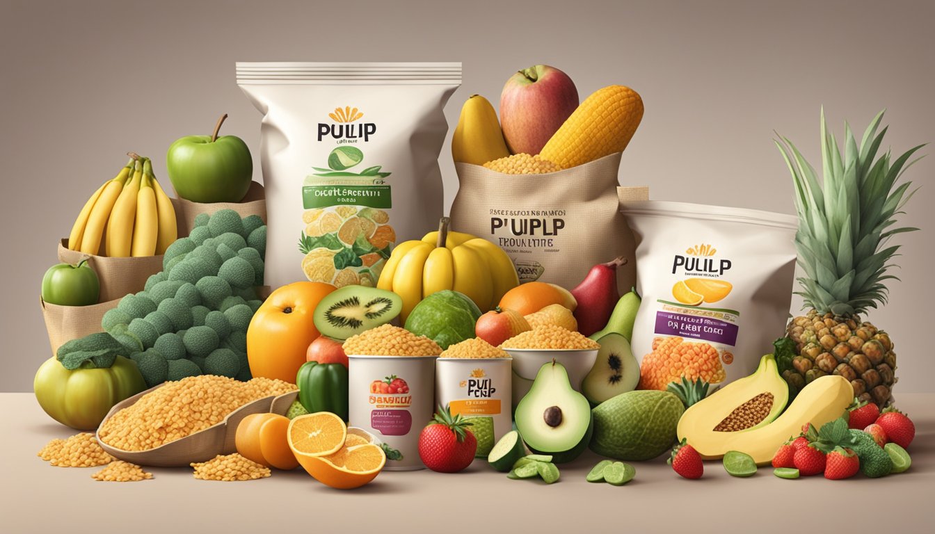 A table with various bags of pulp pantry pulp chips, surrounded by different types of fruits and vegetables