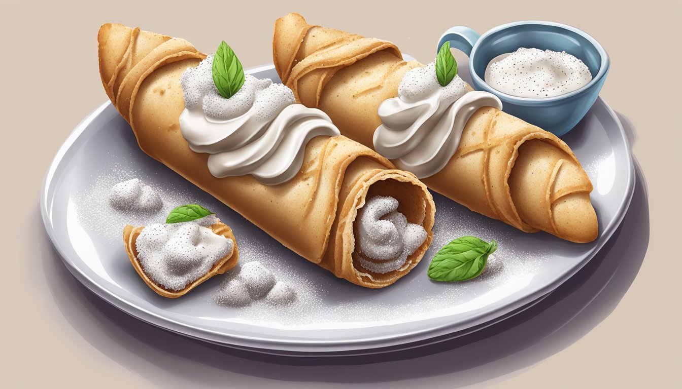 A plate of vegan cannoli shells arranged with a dollop of cream and sprinkled with powdered sugar