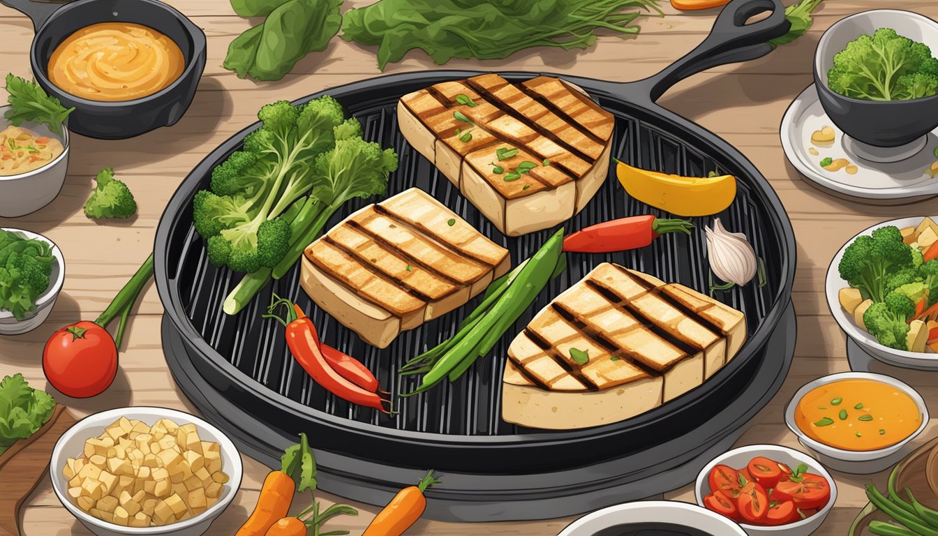 Tofu steaks sizzling on a grill, brushed with garlic-miso marinade. A variety of colorful vegetables arranged around the steaks