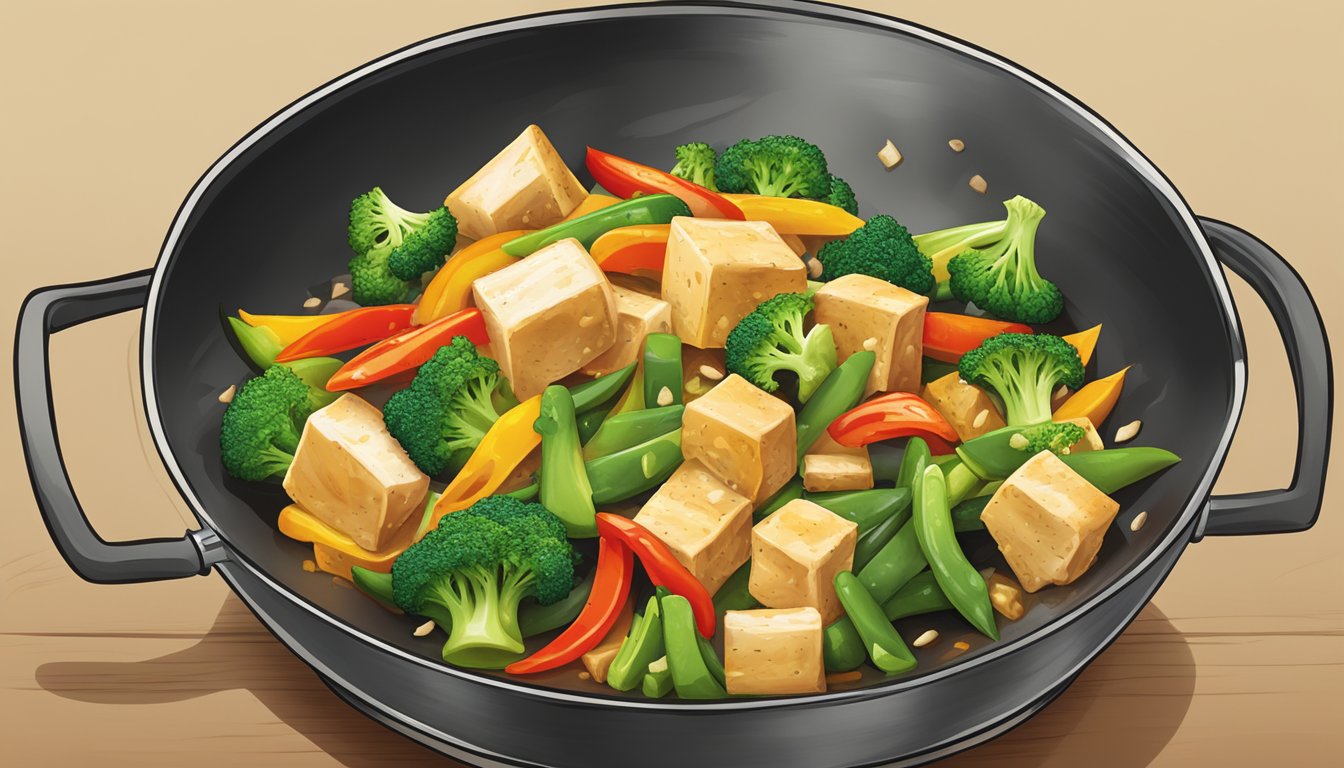 A colorful stir-fry sizzling in a wok, featuring tofu, broccoli, bell peppers, and snap peas, topped with a fragrant ginger sauce