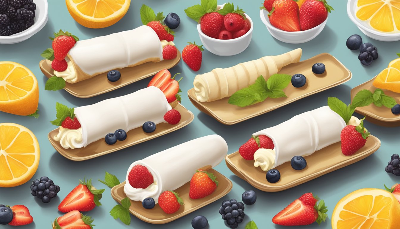 A table set with various vegan cannoli forms, filled with dairy-free cream and garnished with fresh fruit