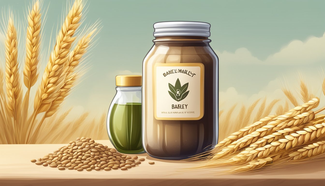 A jar of barley malt syrup surrounded by barley grains and malt extract, with a vegan symbol displayed nearby