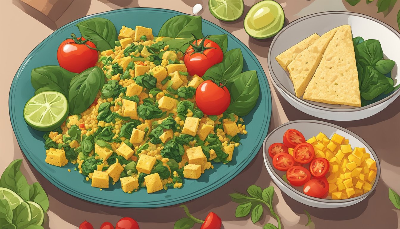 A colorful plate of tofu scramble with spinach, surrounded by various low-carb ingredients like tomatoes, avocado, and bell peppers