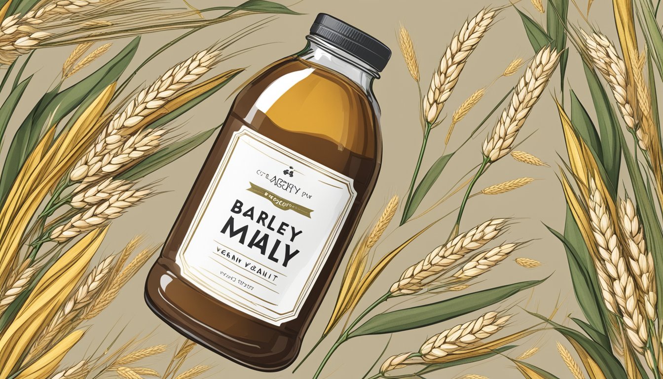 A jar of barley malt syrup surrounded by various grains and barley stalks, with a label indicating its vegan properties