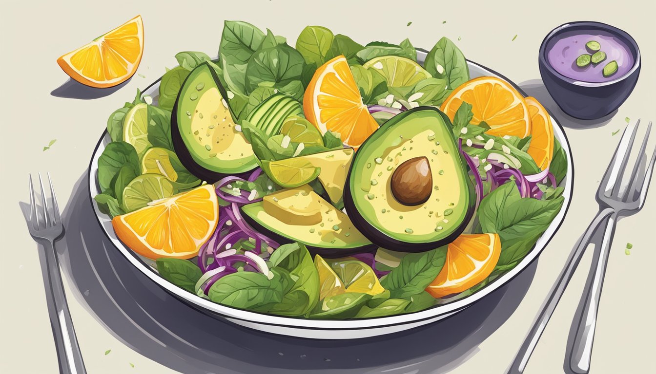 A colorful salad bowl filled with tofu, avocado, and citrus slices, drizzled with a vibrant citrus dressing