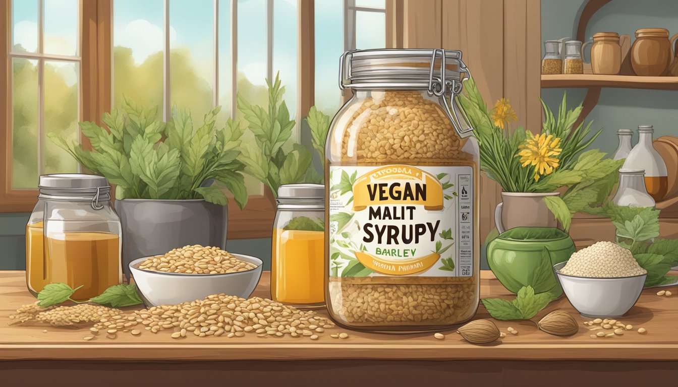 A jar of barley malt syrup surrounded by various vegan-friendly ingredients and a "vegan" label