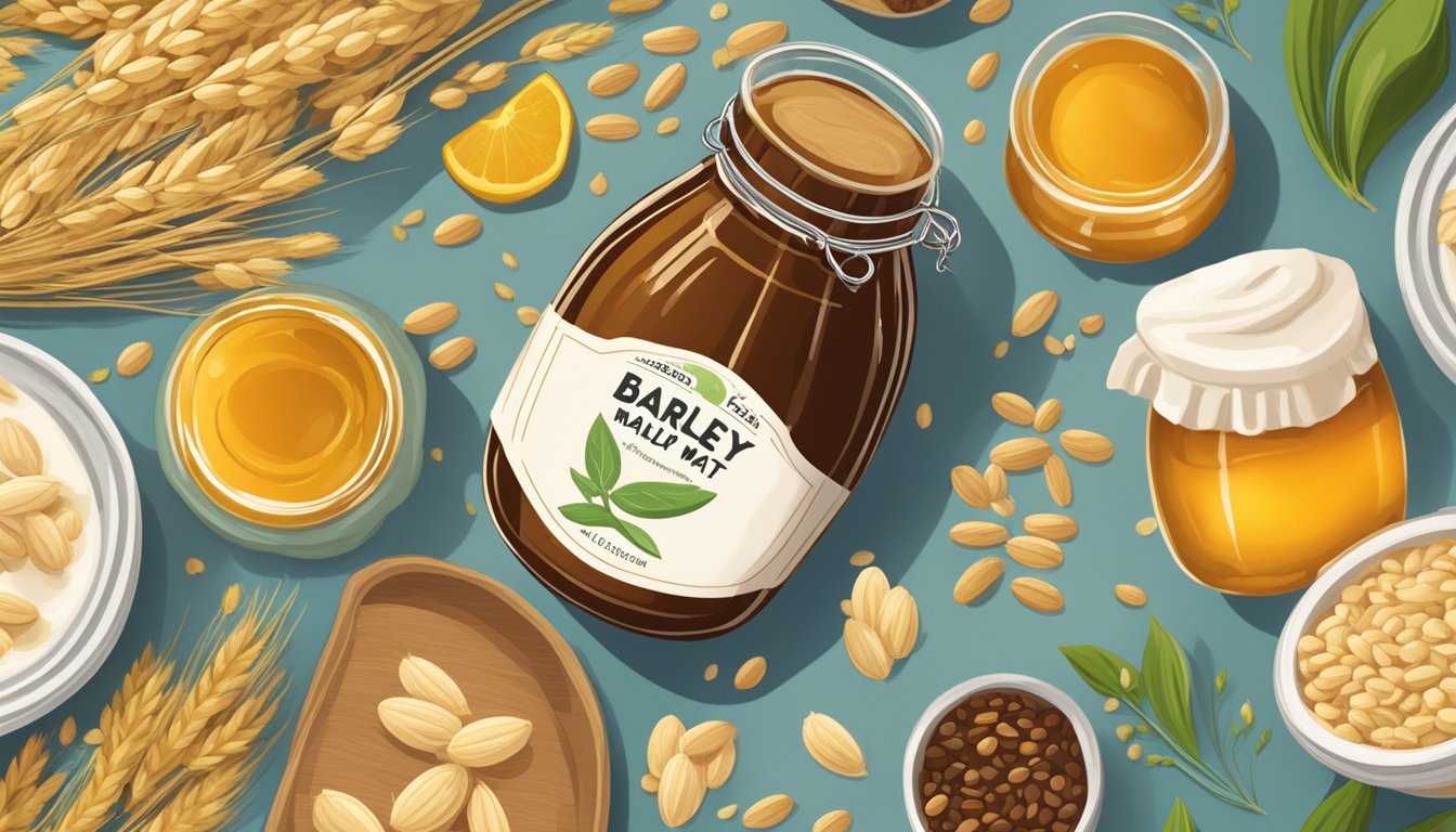 A jar of barley malt syrup surrounded by various vegan ingredients