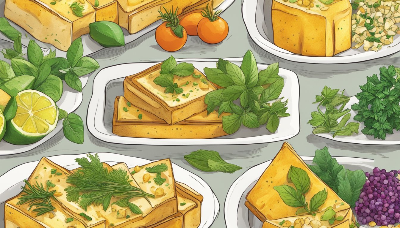 A colorful array of herbs and lemon zest sprinkled over perfectly baked tofu, arranged in 9 different ways