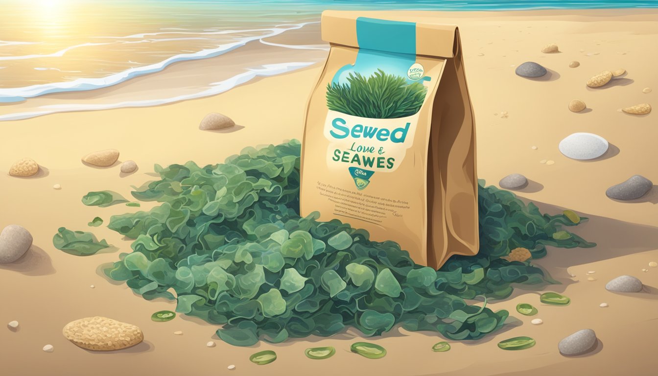 A serene beach with a clear blue ocean, a bag of Seaweed Love chips, and various types of seaweed strewn across the sand