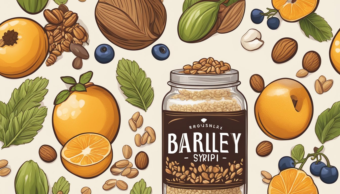 A jar of barley malt syrup surrounded by various fruits, nuts, and grains, with a vegan symbol displayed prominently on the label