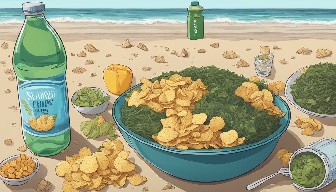 A beach scene with a bowl of seaweed love chips surrounded by various vegan snacks and a bottle of water