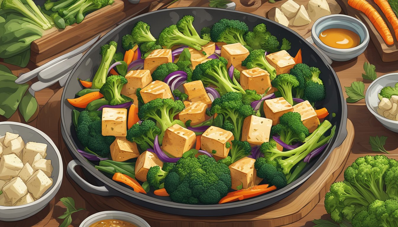 A colorful array of tofu and broccoli stir-frying in a sizzling teriyaki sauce, surrounded by vibrant vegetables and aromatic herbs