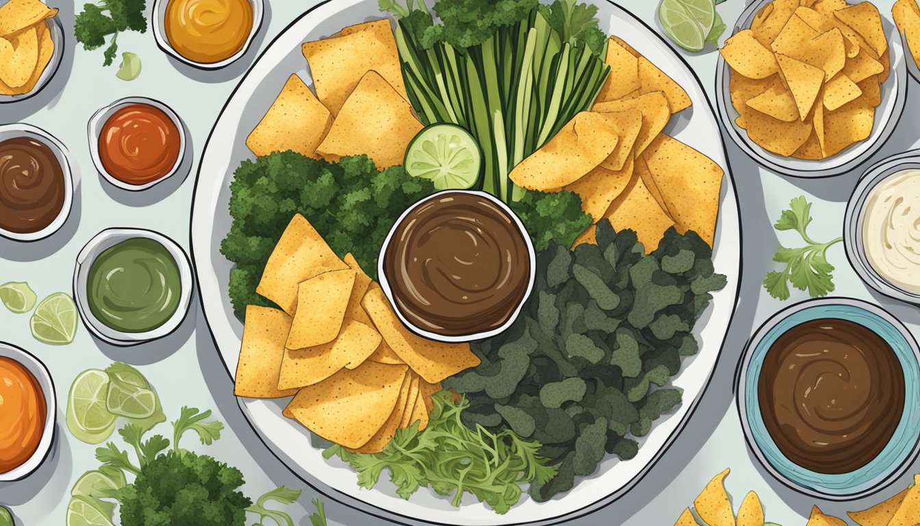 A bowl of seaweed love chips surrounded by fresh vegetables and a variety of vegan dipping sauces