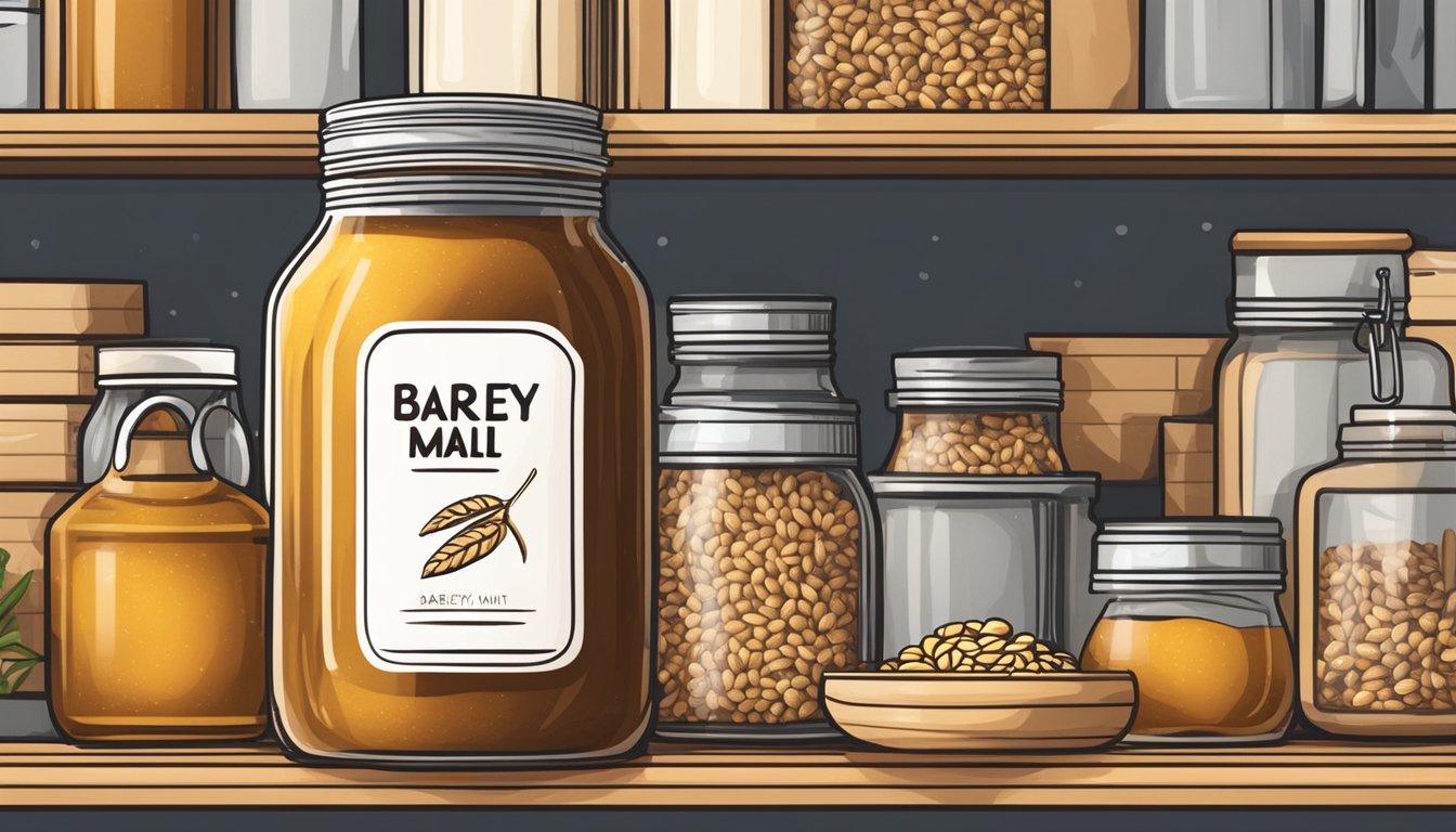 A jar of barley malt syrup surrounded by various vegan ingredients on a pantry shelf