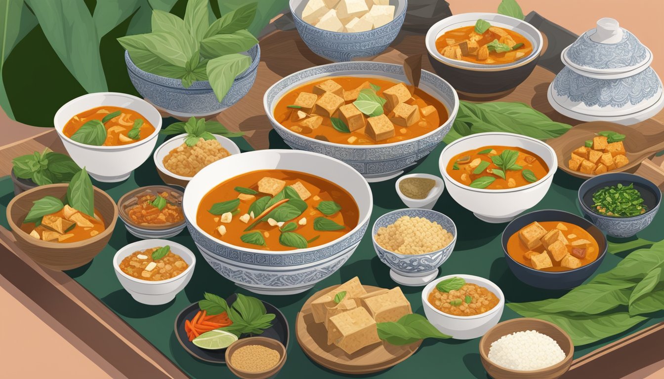 A colorful bowl of Tofu Panang Curry with Thai Basil surrounded by nine different tofu dishes, all arranged on a vibrant table setting