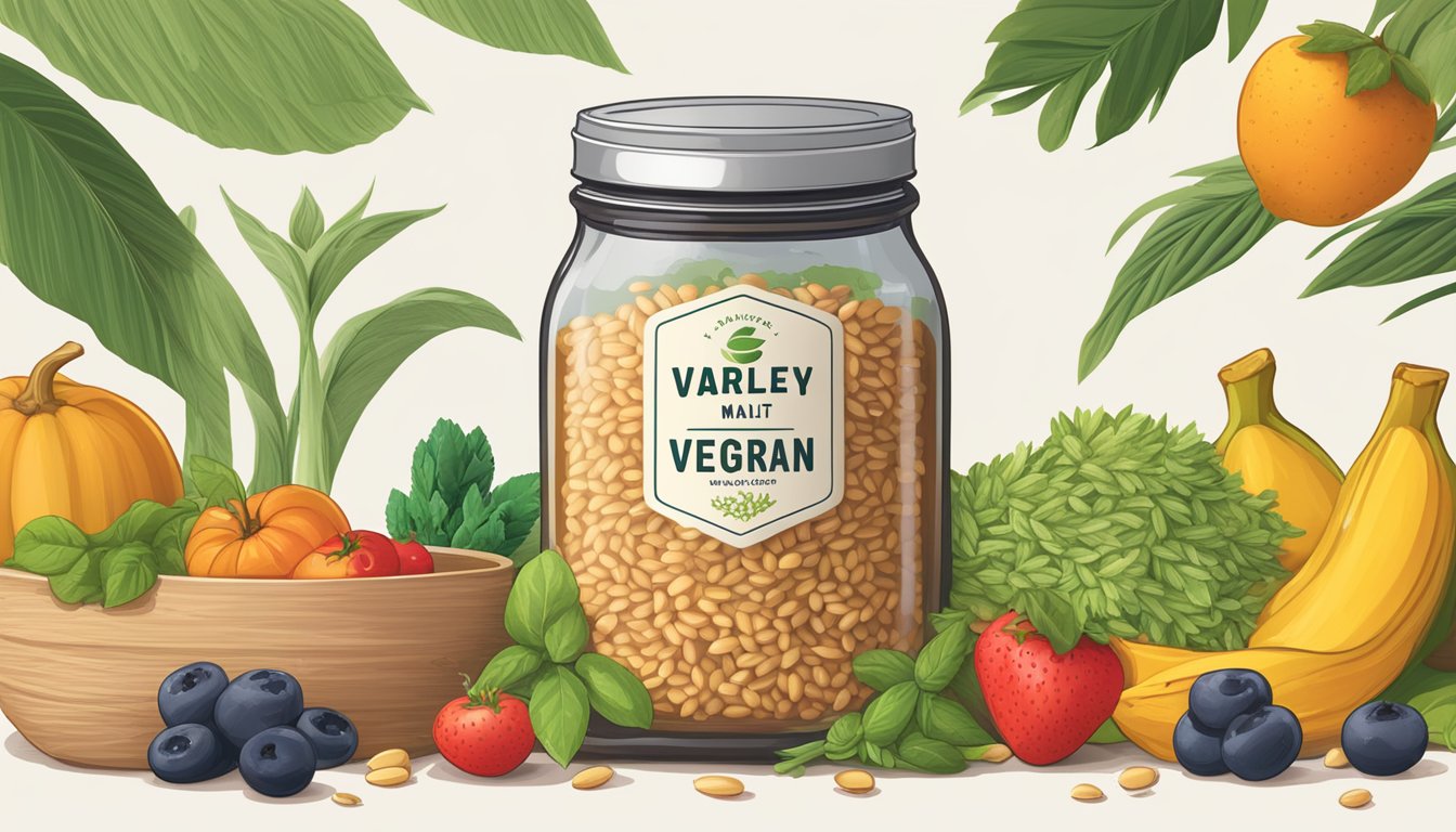 A jar of barley malt syrup surrounded by various plant-based ingredients, such as grains, fruits, and vegetables, with a clear "vegan" label