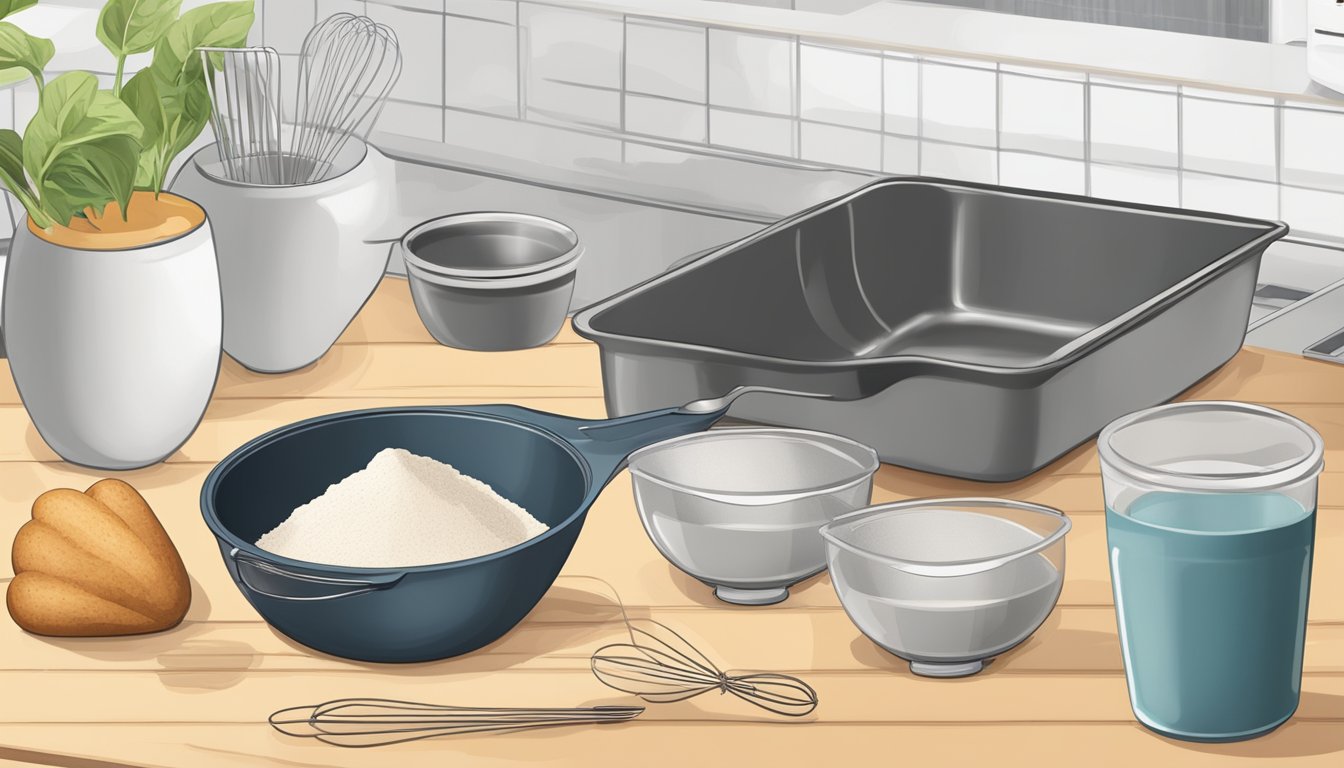 A kitchen countertop with a mixing bowl, whisk, measuring cups, and ingredients for vegan madeleines. A preheated oven and lined baking tray are ready for use