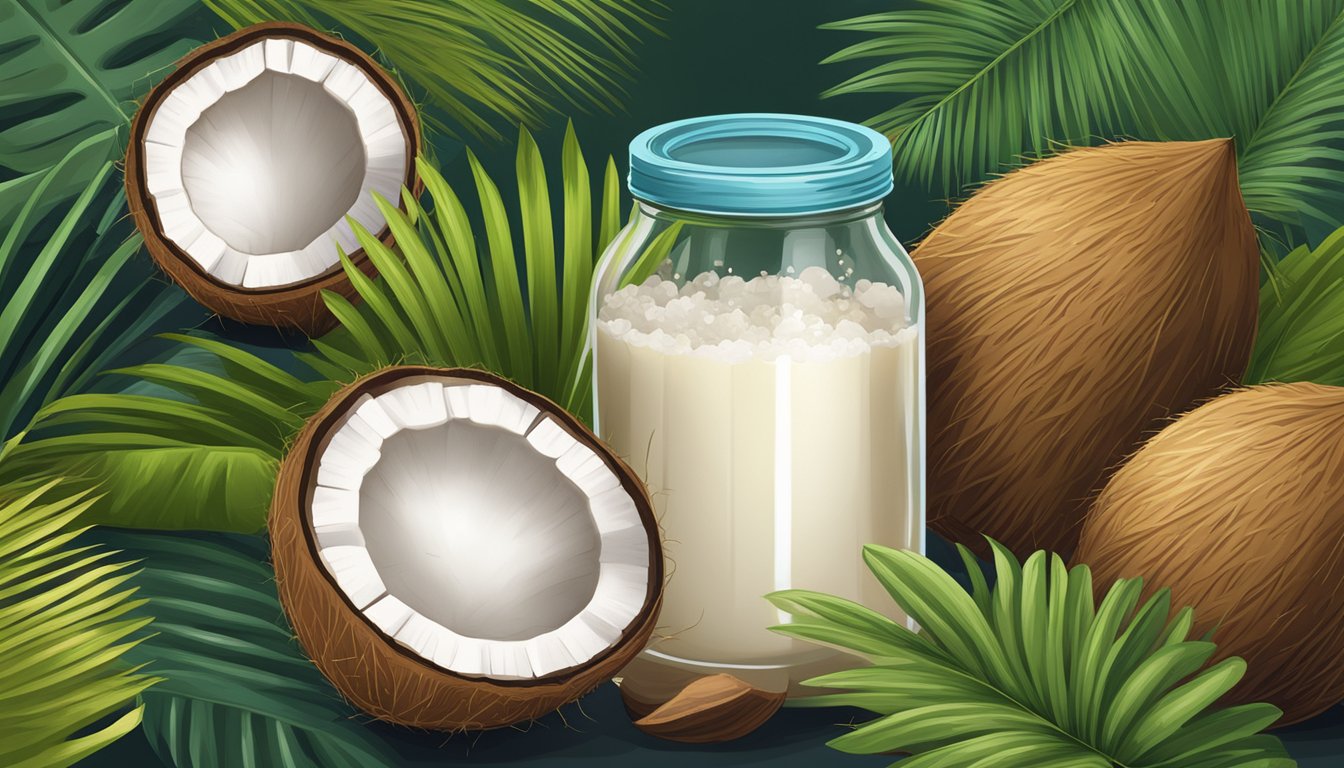 A jar of coconut nectar surrounded by fresh coconuts and vibrant tropical foliage