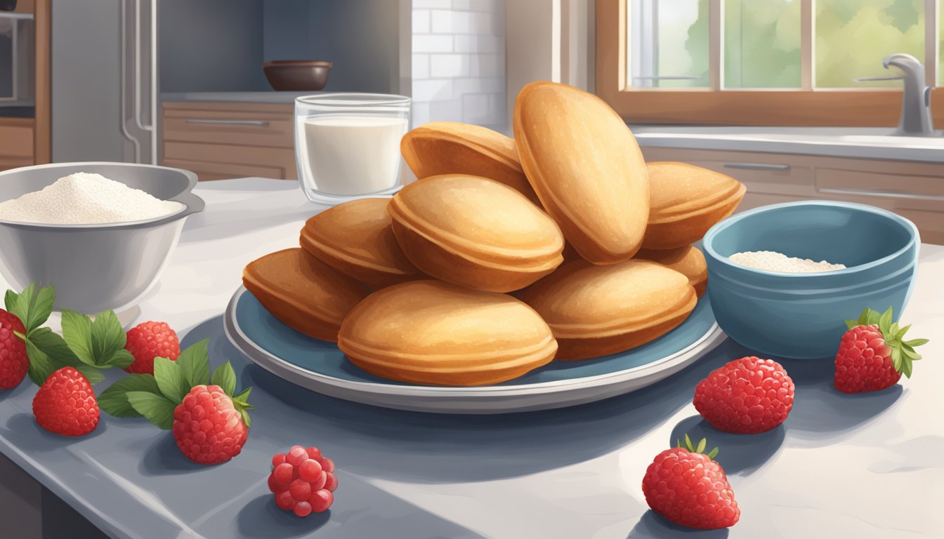 A plate of madeleines sits on a kitchen counter next to a container of fresh berries and a sealed bag of flour