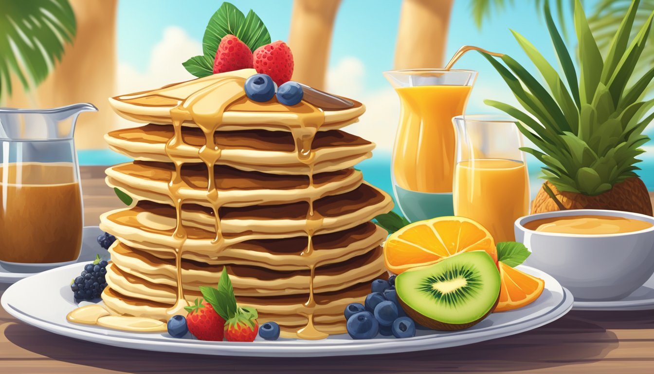 A chef drizzles coconut nectar over a stack of vegan pancakes, with a bowl of tropical fruits in the background