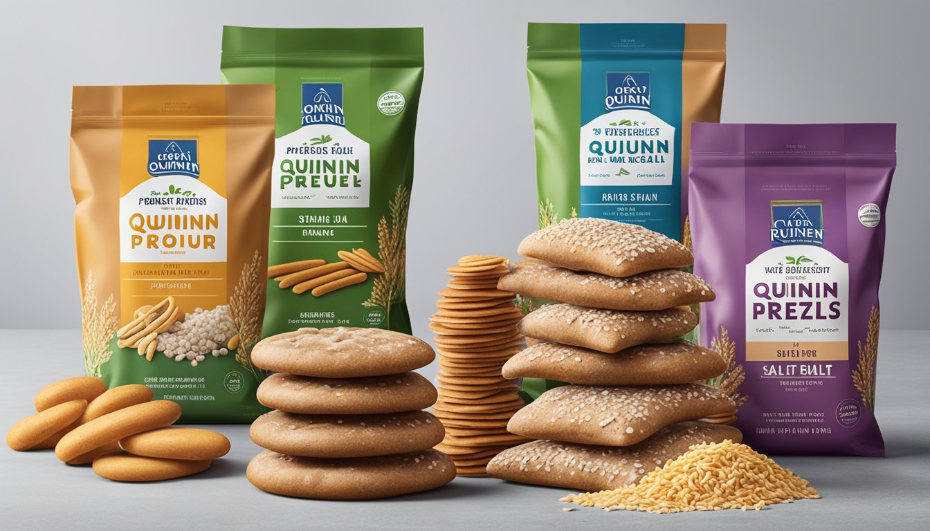 A variety of plant-based ingredients, such as whole grain flour and sea salt, are displayed next to a stack of Quinn pretzels