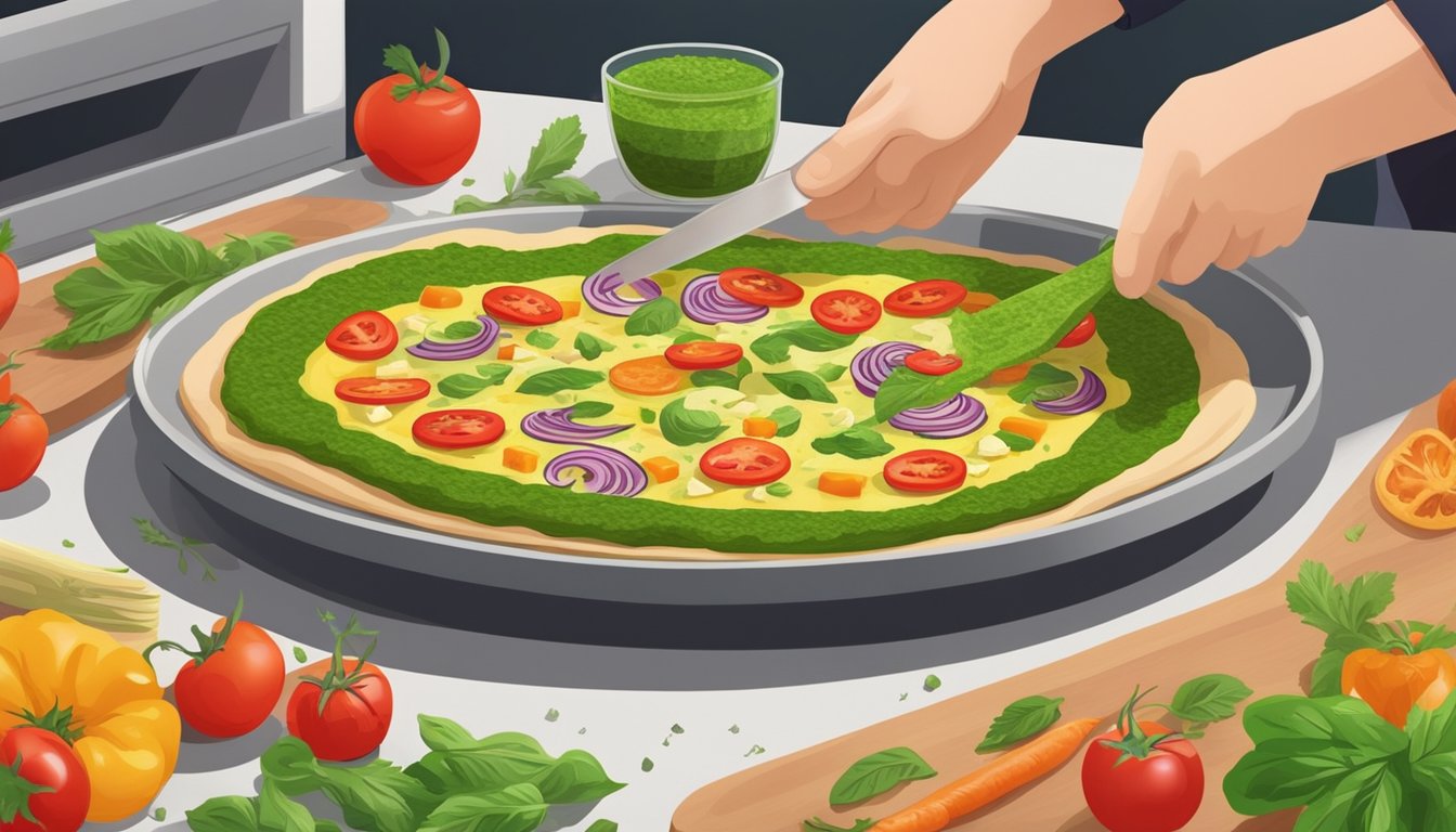 A chef spreads vibrant green pesto onto a pizza crust, adding colorful vegetables and vegan cheese before sliding it into a hot oven