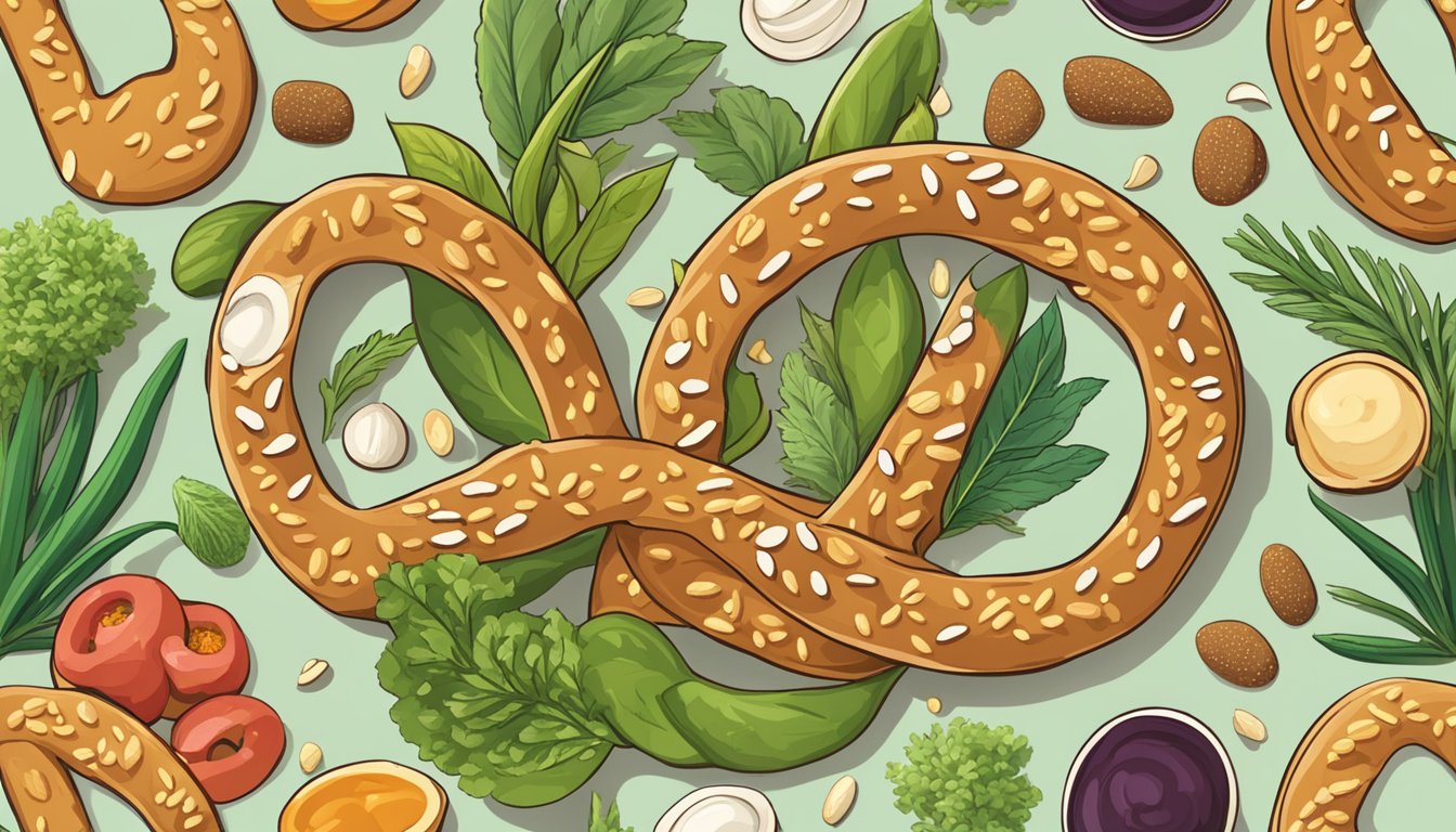 A pile of Quinn pretzels surrounded by various plant-based ingredients, such as grains, seeds, and vegetables, with a vegan symbol displayed prominently