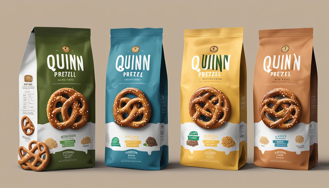 A display of various Quinn pretzel bags, each labeled with different flavors and varieties, with a prominent "vegan" label