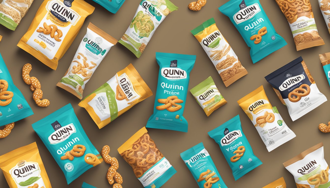 A shelf with various snack options, including Quinn pretzels. A vegan label is prominently displayed on the packaging