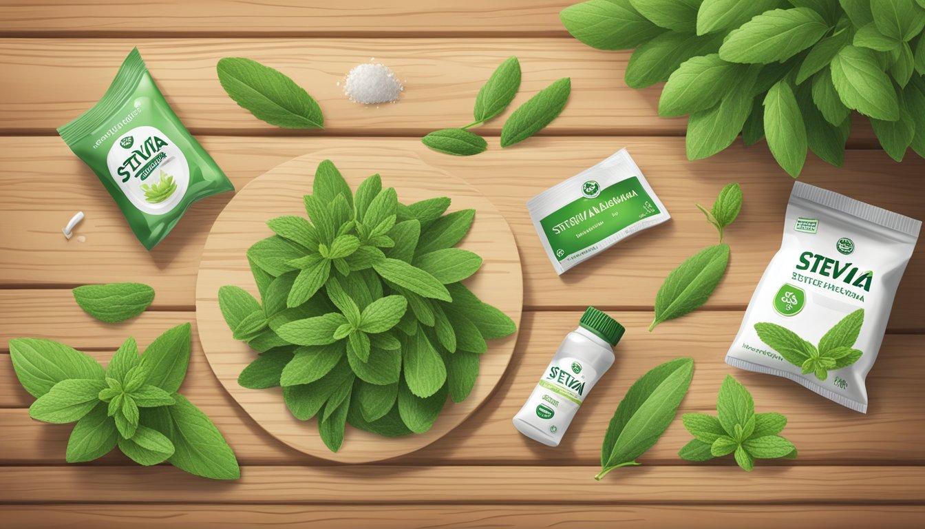 A variety of stevia products displayed on a wooden table, including stevia leaves, stevia extract, and stevia sweetener packets