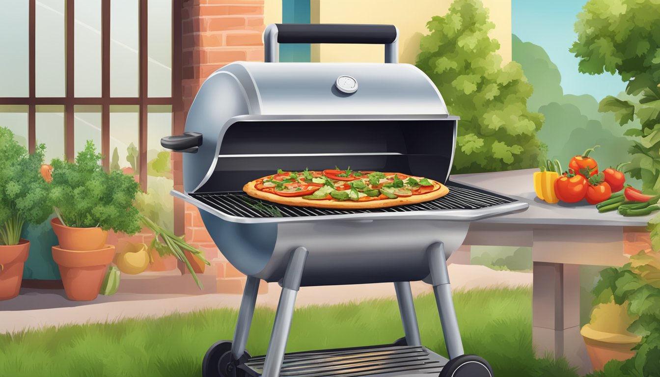 A colorful outdoor grill with sizzling vegan pizza topped with fresh vegetables and herbs