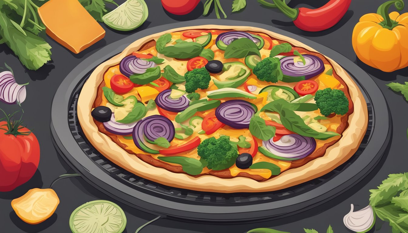 A sizzling vegan pizza cooks on a hot grill, topped with colorful vegetables and plant-based cheese