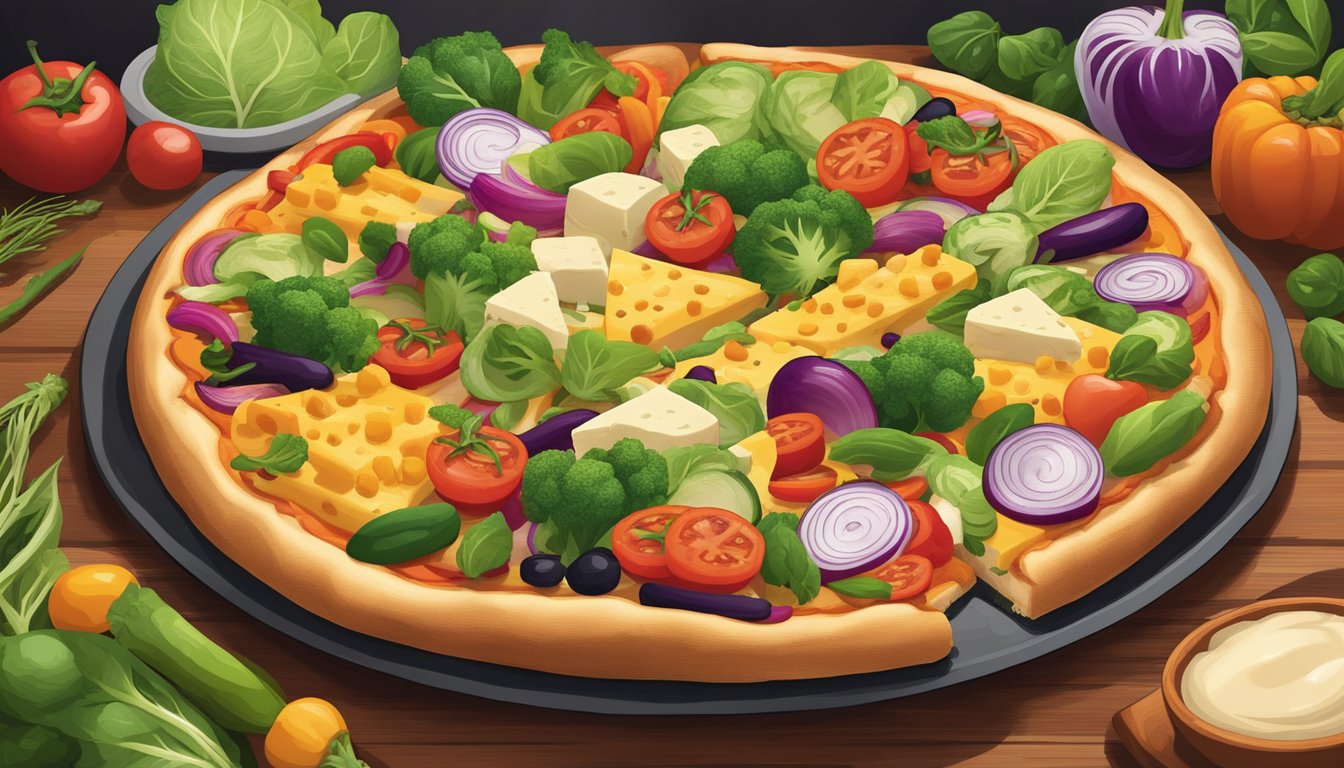 A colorful array of fresh vegetables and plant-based cheese arranged on a grilled pizza crust, surrounded by a warm, smoky ambiance