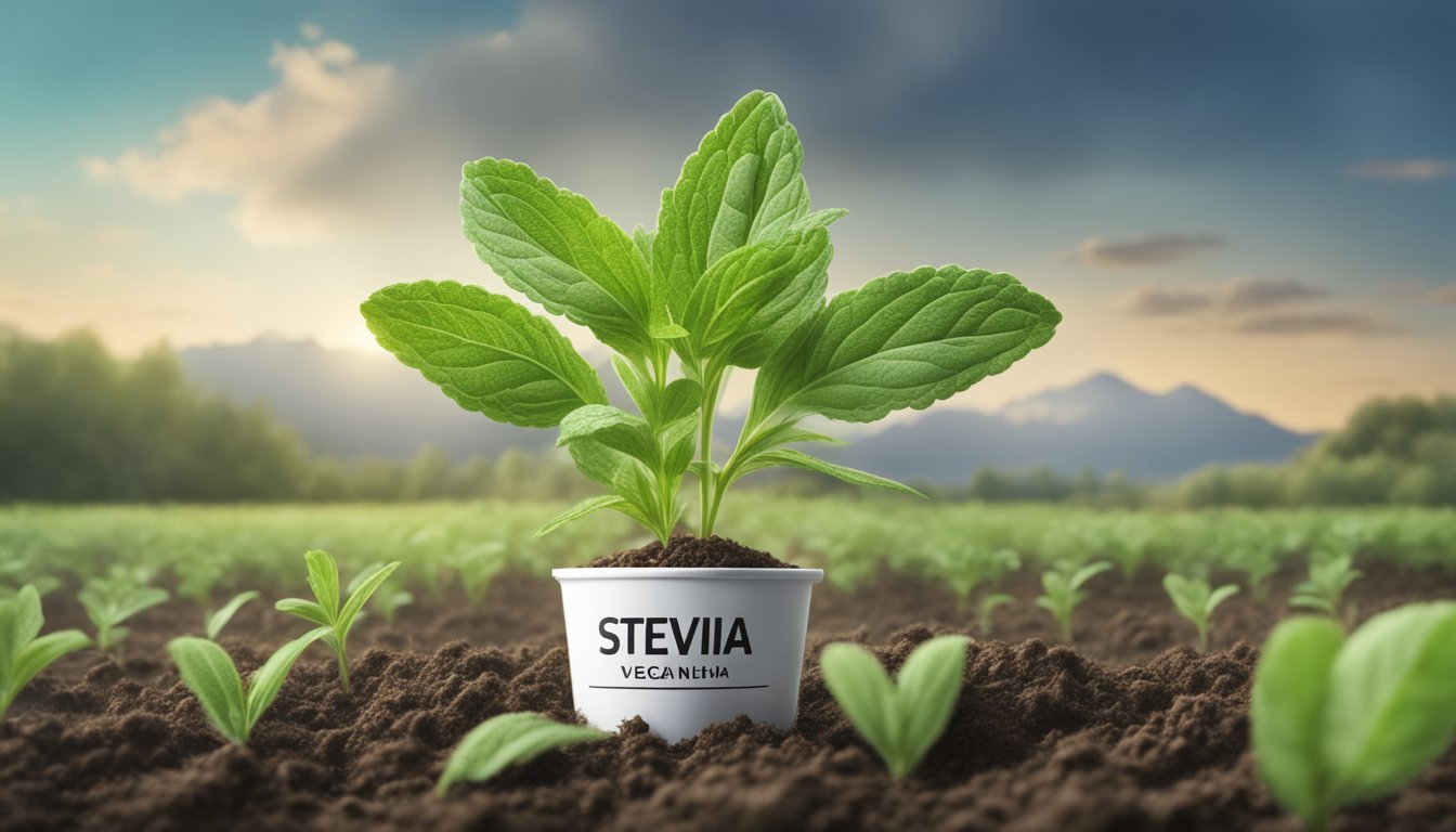 A stevia plant growing in a field, surrounded by clear labeling of vegan and health regulations