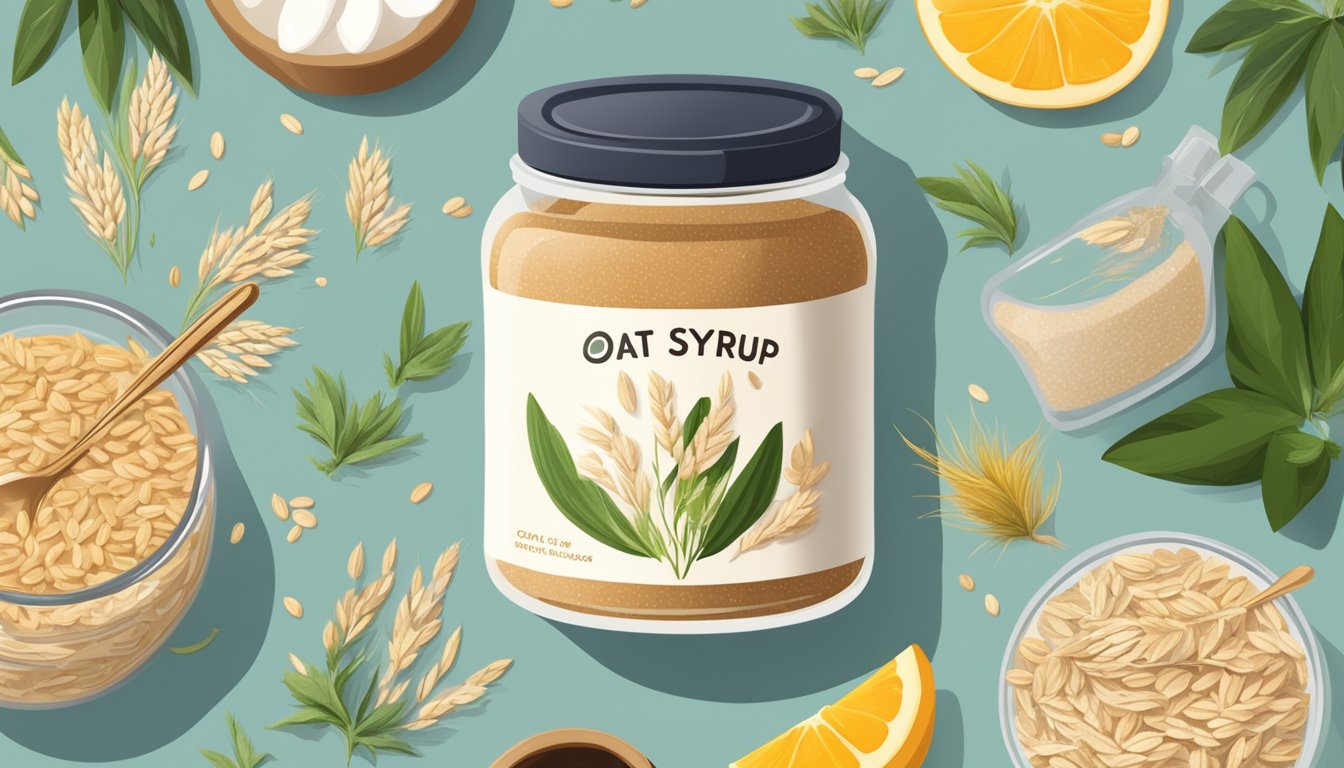 A jar of oat syrup surrounded by fresh oats and a variety of plant-based ingredients