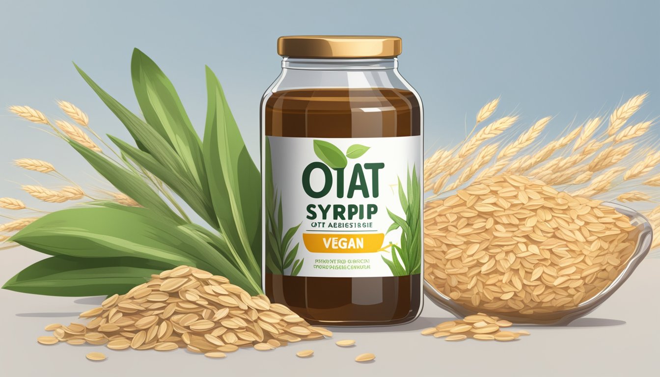 An open bottle of oat syrup next to a pile of oats, with a plant-based "vegan" label prominently displayed