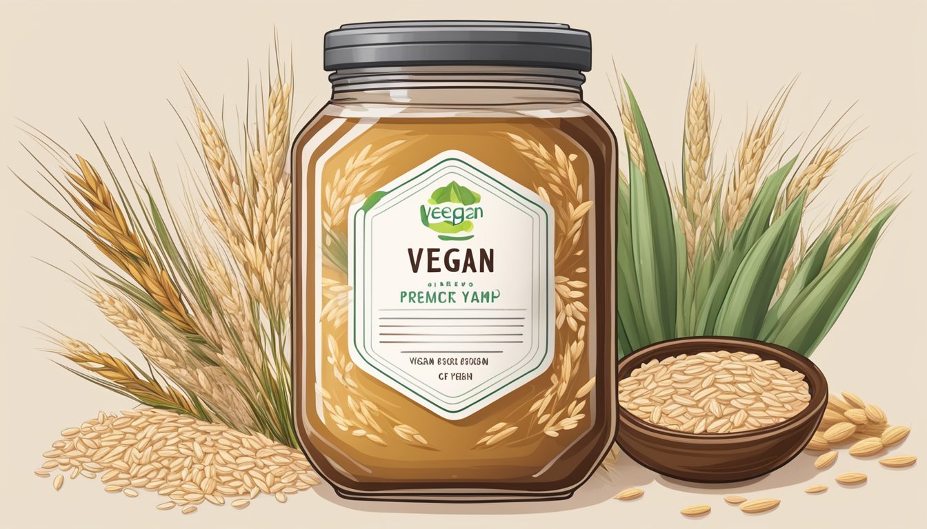 A jar of oat syrup surrounded by a variety of fresh oats and grains, with a label indicating "vegan" prominently displayed