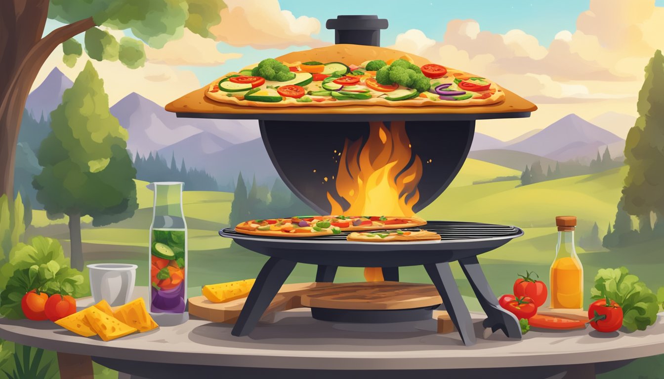 A sizzling grilled pizza topped with colorful vegetables and melted vegan cheese, surrounded by a smoky grill and outdoor dining setting