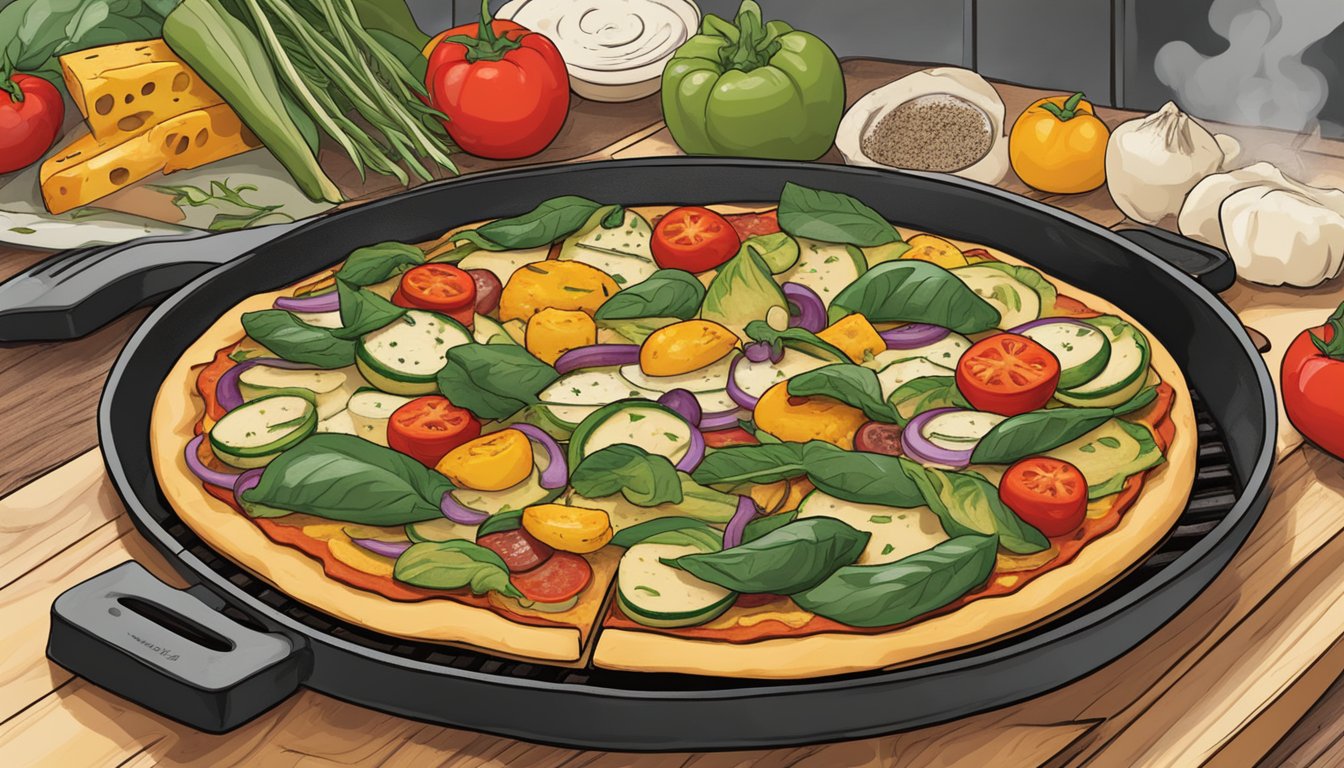 A colorful array of grilled vegetables, plant-based cheese, and vegan pizza dough sizzling on a hot grill