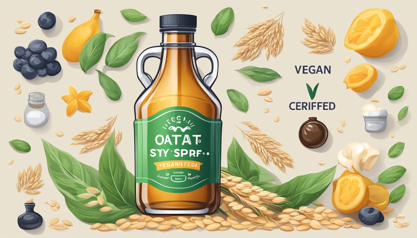 A bottle of oat syrup with a "Vegan Certified" logo and various vegan standard symbols