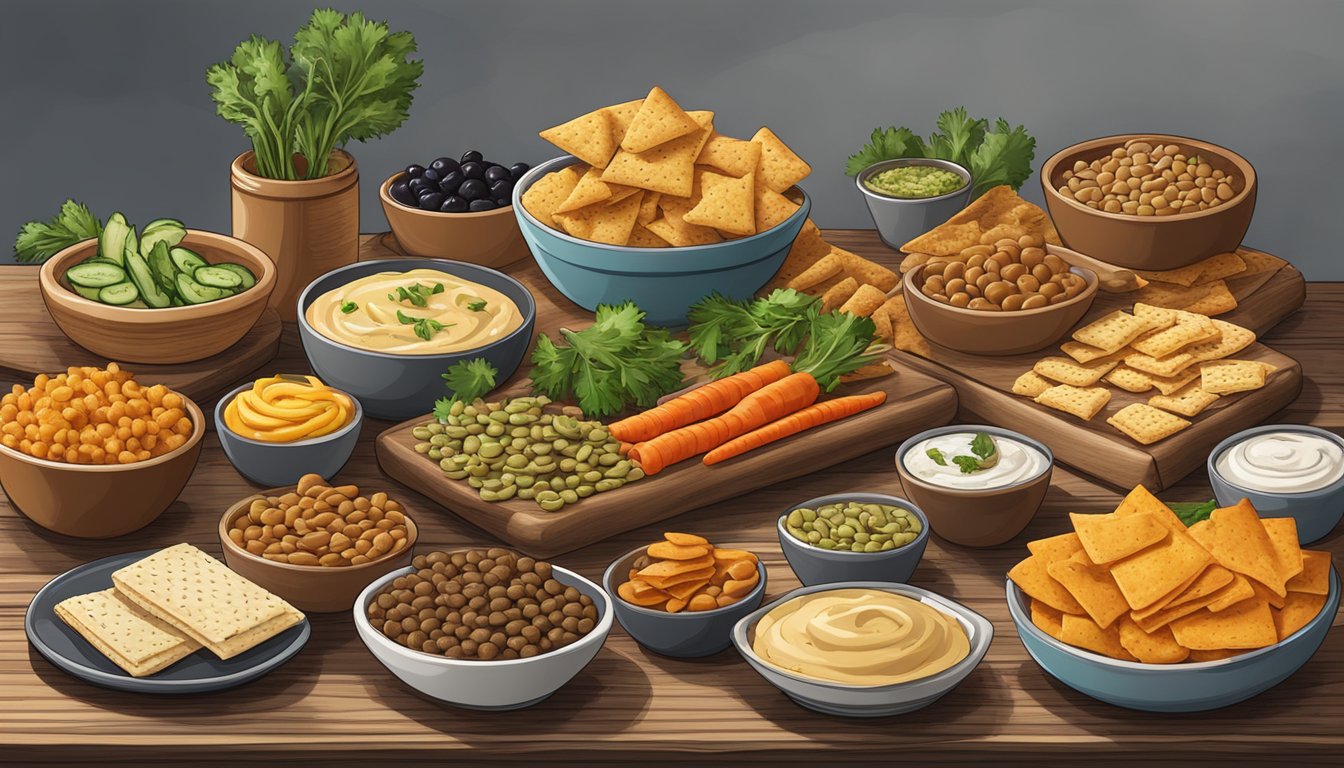 A rustic wooden table displays a spread of Mediterranean snacks, including lentil crackers, fresh vegetables, and hummus