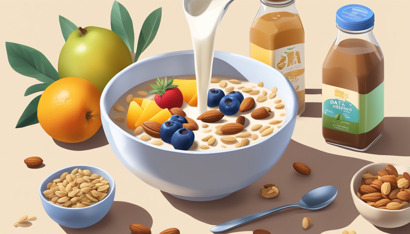 A bowl of oat syrup being poured over a colorful assortment of fruits and nuts, with a plant-based milk carton in the background