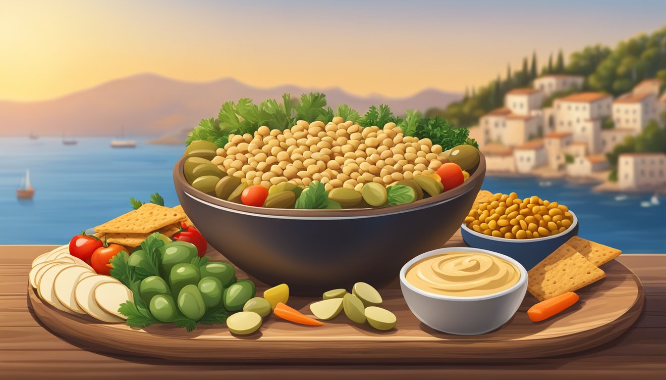 A bowl of colorful lentil crackers surrounded by olives, hummus, and fresh vegetables on a wooden platter. The Mediterranean sea in the background